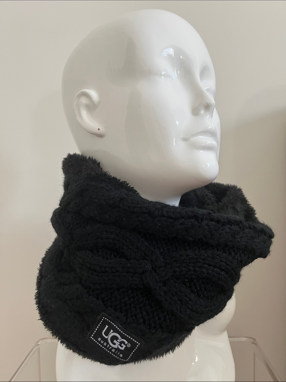 UGG Black Cable Knit Faux-Fur Neck Warmer Infinity Scarf